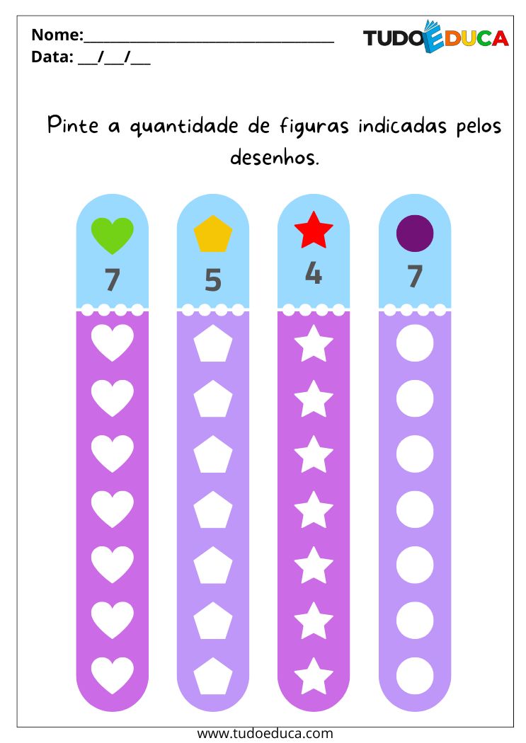 Atividade de Inclusão para a Educação Infantil pinte a quantidade de figuras indicadas pelos números