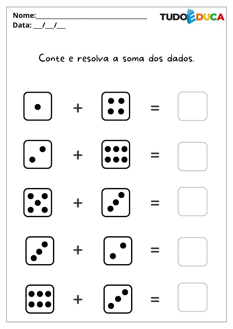 Atividade de Inclusão para a Educação Infantil resolva as adições dos dados