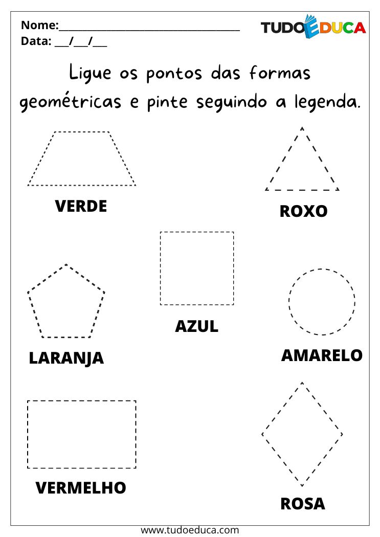 Atividade de Pontilhado para a Educação Infantil ligue os pontos das formas geométricas e pinte com as cores indicadas