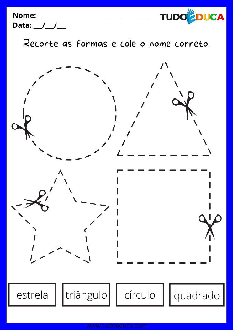 Atividade de Pontilhado para a Educação Infantil trace o pontilhado das formas e recorte e cole o nome correto