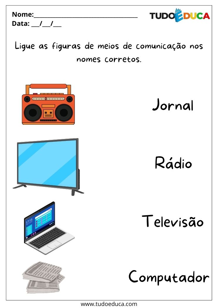 Atividade sobre Meios de Comunicação para a Educação Infantil ligue as figuras nos nomes dos meios de comunicação corretos