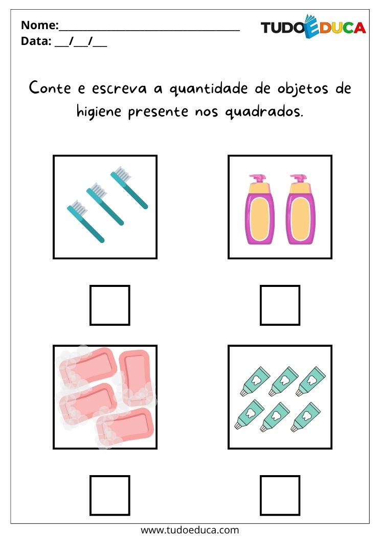 Atividade sobre higiene para educação infantil conte e escreva a quantidade de itens de higiene pessoal