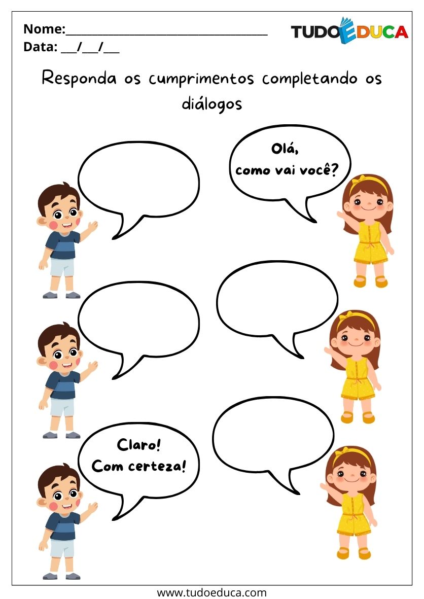 Atividade Sobre Cumprimentos para Autistas complete os baloes de conversa