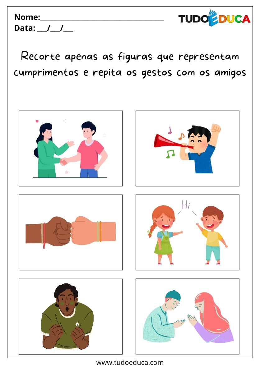 Atividade Sobre Cumprimentos para Autistas recorte os cumprimentos