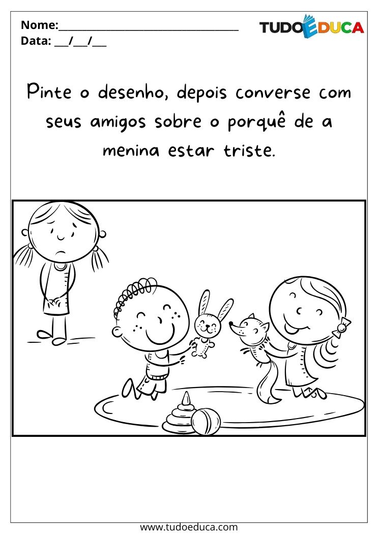 Atividade sobre Comunicação para a Educação Infantil menina triste