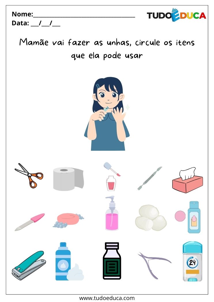 Atividade sobre Higiene para Autistas circule os itens para fazer as unhas