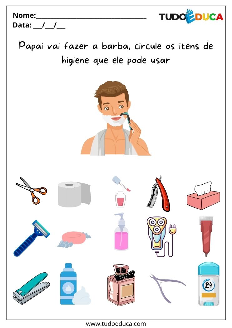 Atividade sobre Higiene para Autistas circule os produtos para fazer a barba