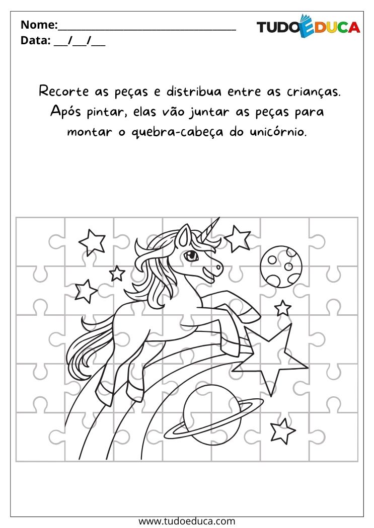 Atividade sobre Socialização para a Educação Infantil unicornio quebra cabeca