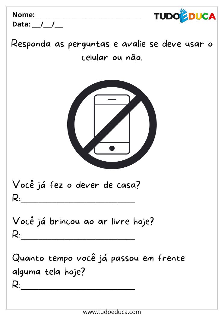 Atividade Sobre Controle Parental para a Educação Infantil perguntas sobre as telas