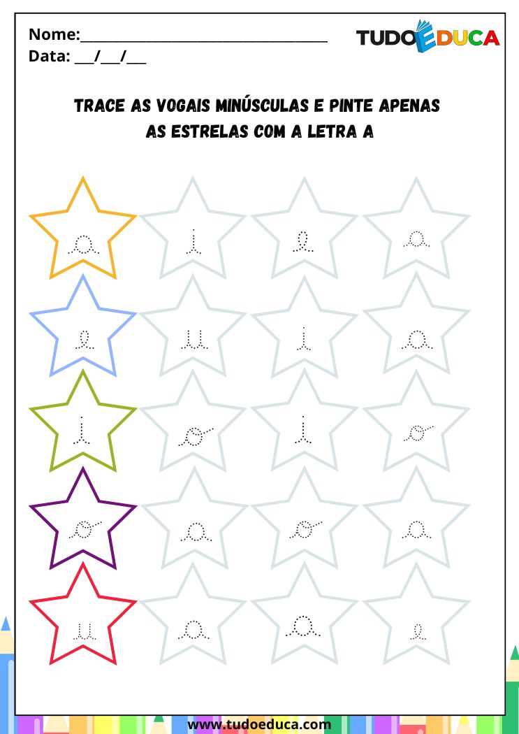 Atividade com Letra A Cursiva pinte as estrelas com a