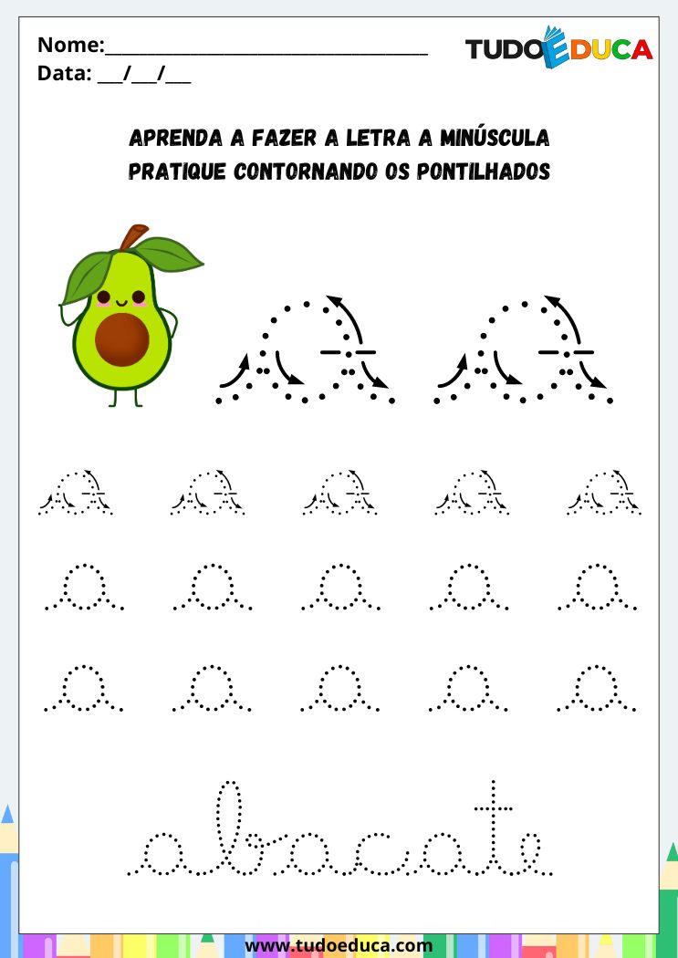 Atividade com Letra A Cursiva pratique o a de abacate