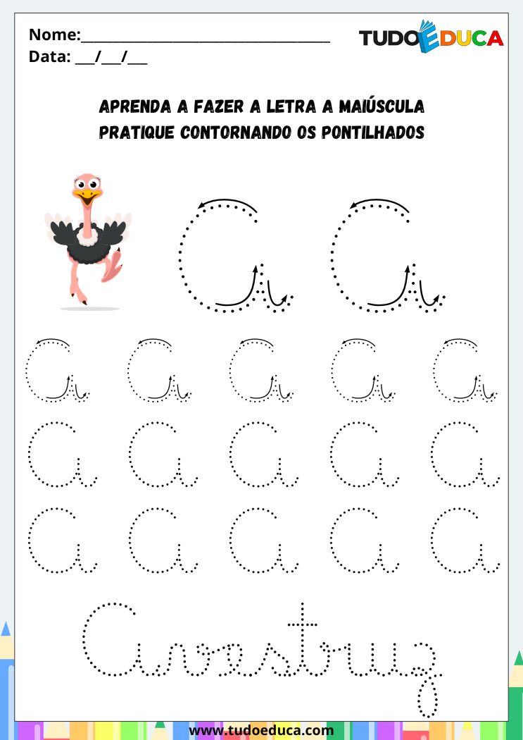 Atividade com Letra A Cursiva pratique o a de avestruz