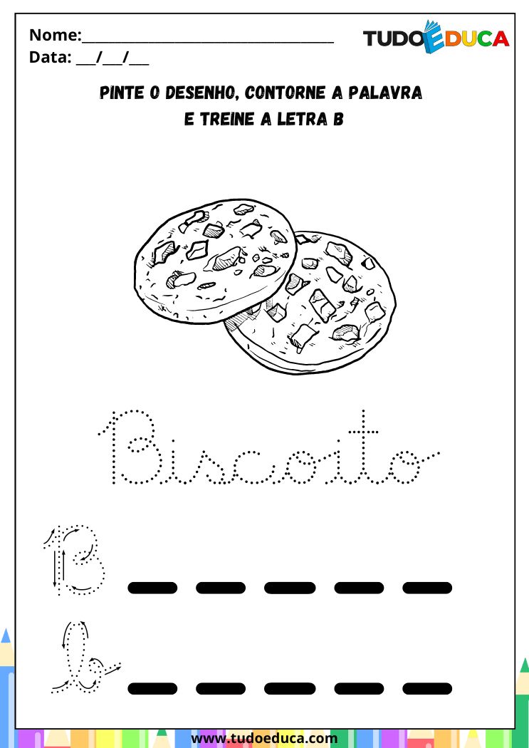 Atividade com a Letra B Cursiva para a Alfabetização Infantil contorne o B de biscoito