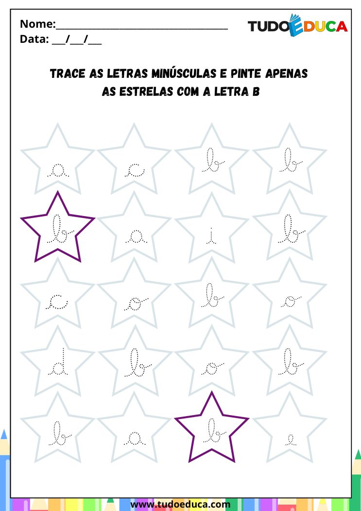 Atividade com a Letra B Cursiva para a Alfabetização Infantil pinte as estrelas com b