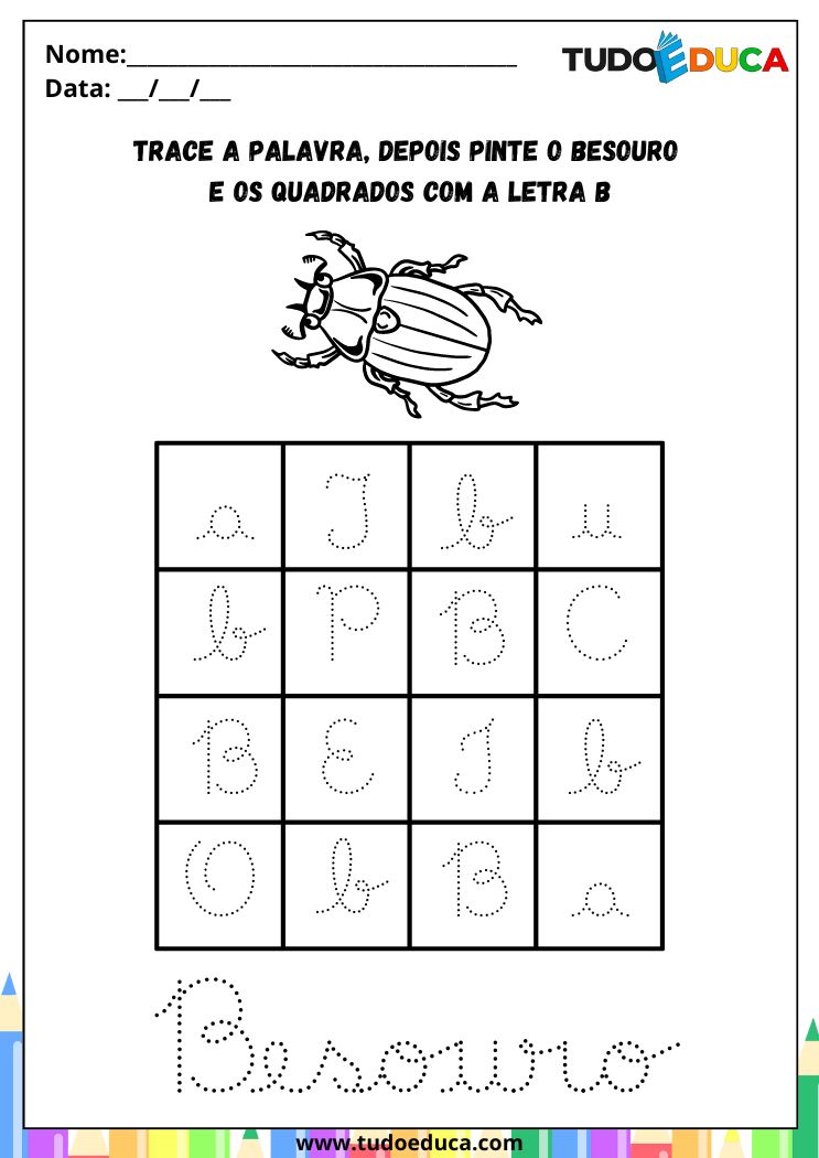 Atividade com a Letra B Cursiva para a Alfabetização Infantil pinte o besouro e os quadrados com B