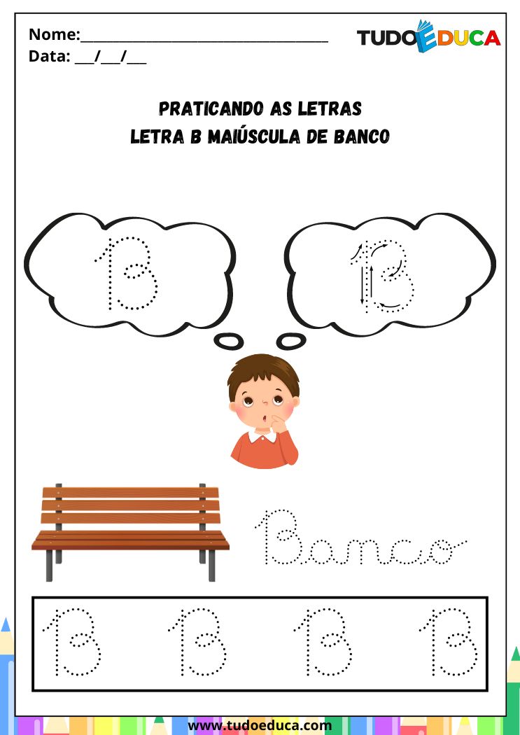 Atividade com a Letra B Cursiva para a Alfabetização Infantil praticando a letra B de banco