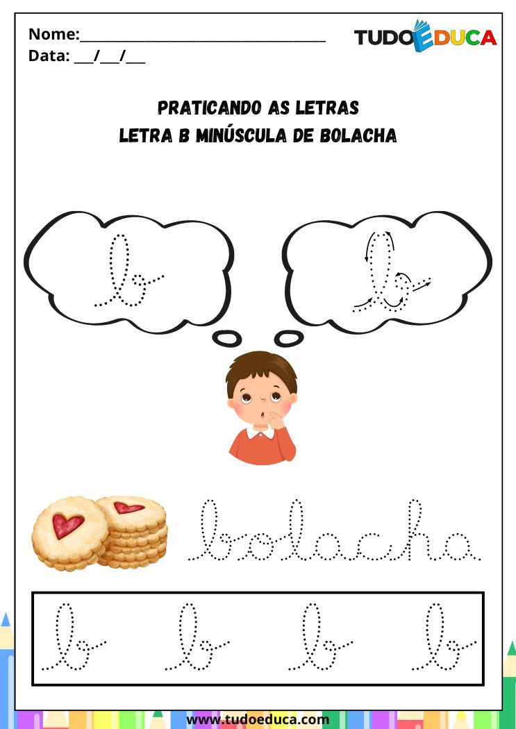 Atividade com a Letra B Cursiva para a Alfabetização Infantil praticando a letra B de bolacha