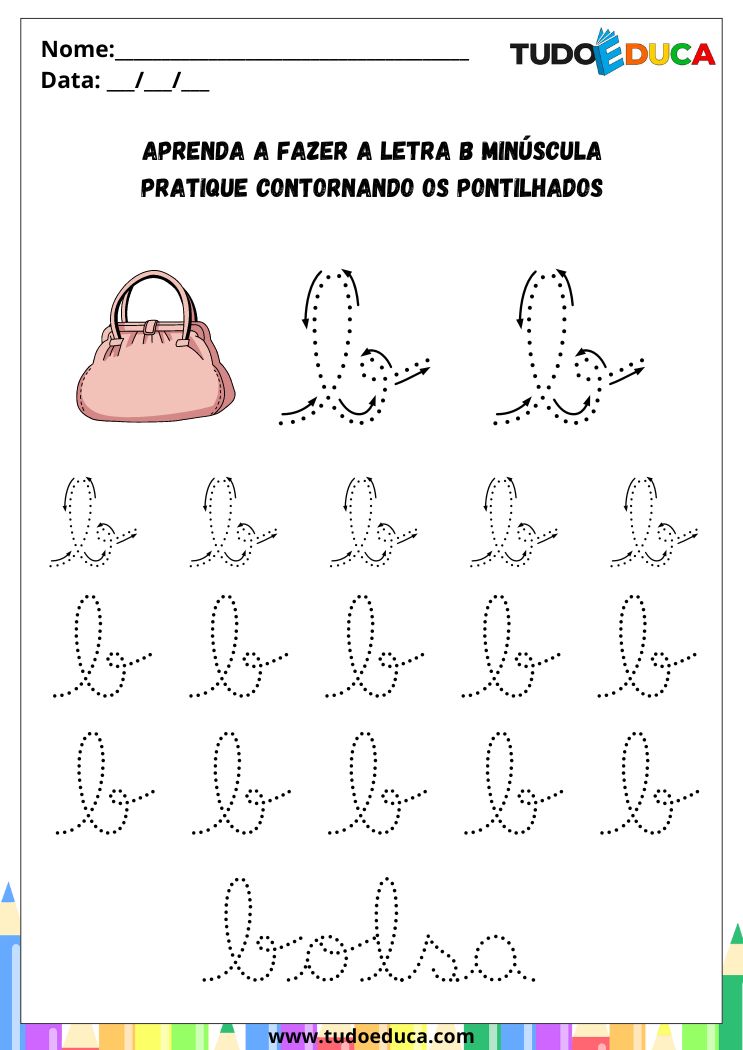 Atividade com a Letra B Cursiva para a Alfabetização Infantil pratique o B de bolsa