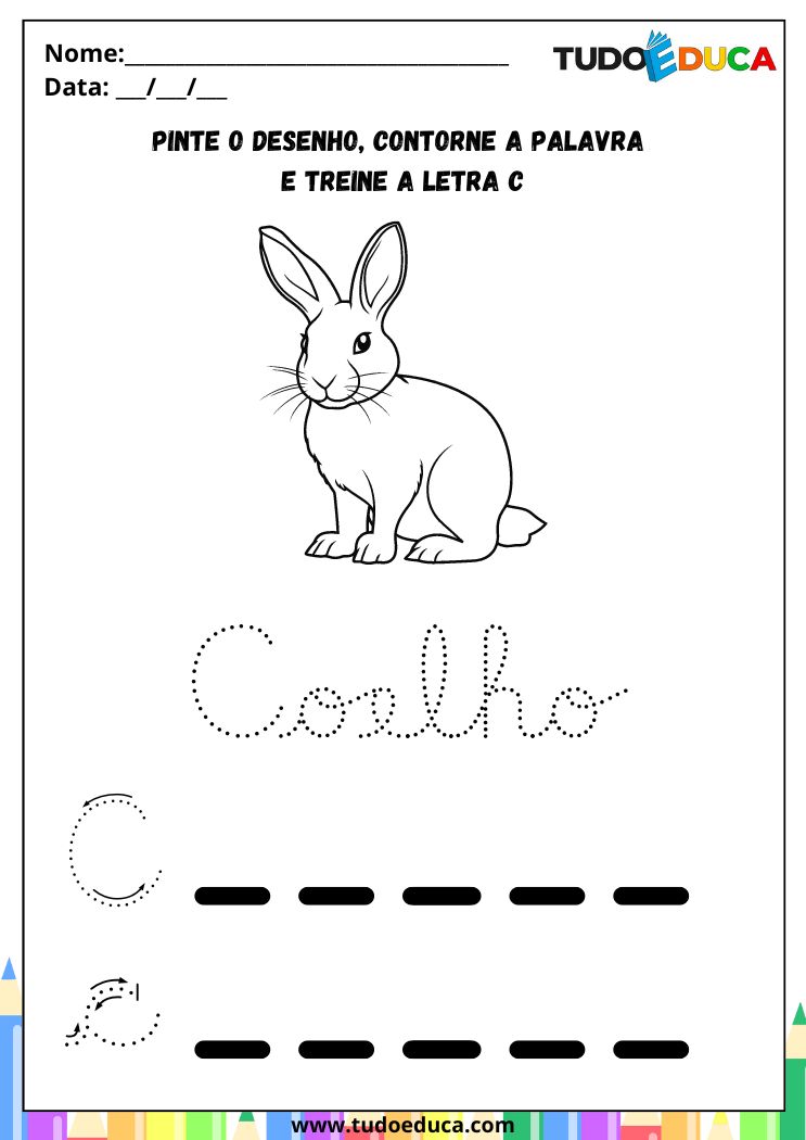 Atividade com a Letra C Cursiva para a Alfabetização contorne o C de coelho
