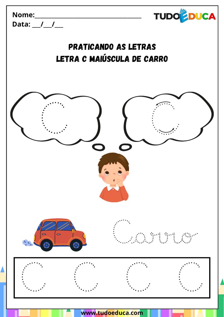 Atividade com a Letra C Cursiva para a Alfabetização praticando a letra c de carro