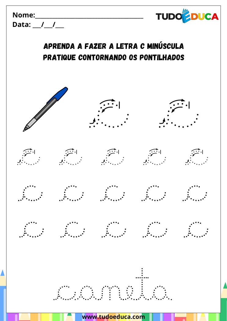 Atividade com a Letra C Cursiva para a Alfabetização pratique o C de caneta