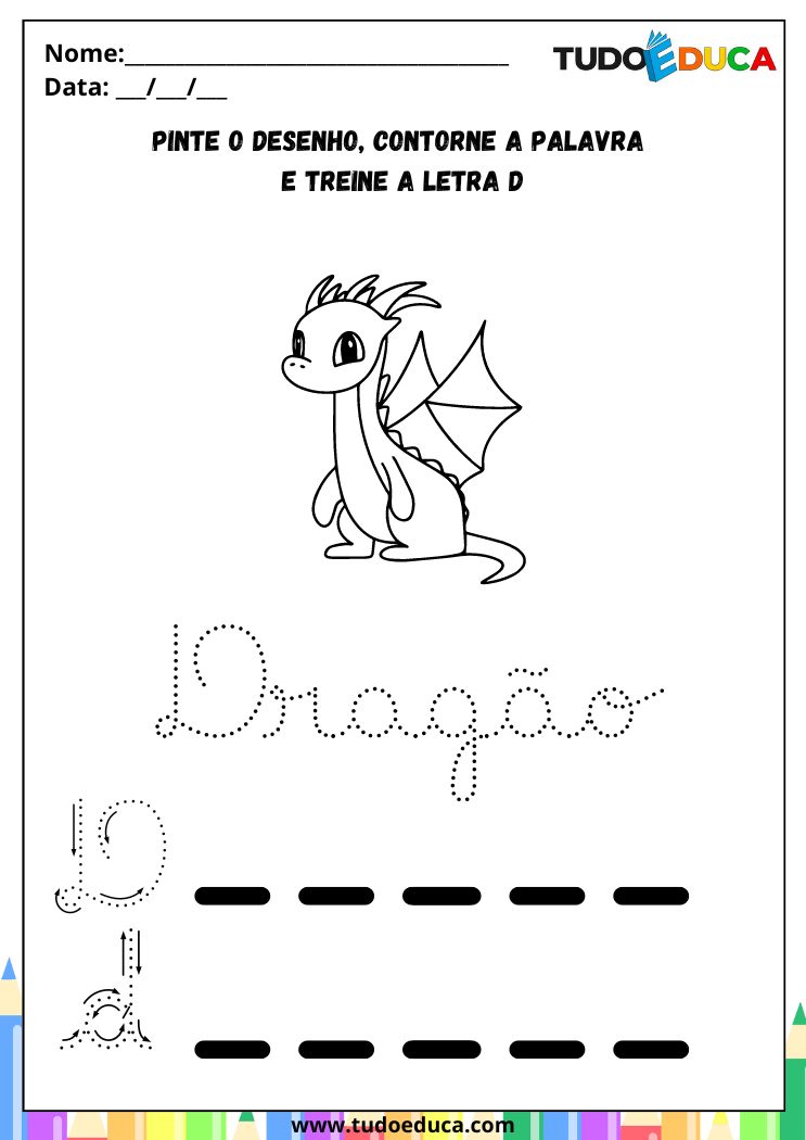 Atividade com a Letra D Cursiva para a Alfabetização contorne o D de dragao