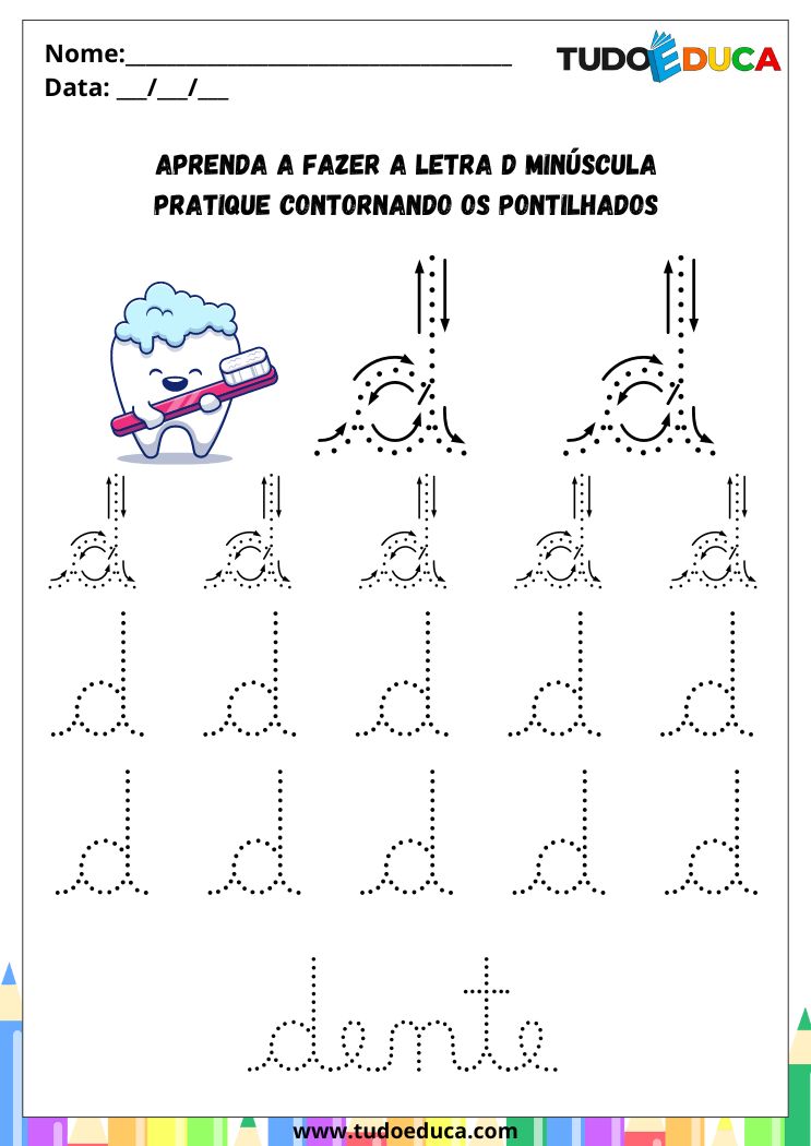 Atividade com a Letra D Cursiva para a Alfabetização pratique o D de dente