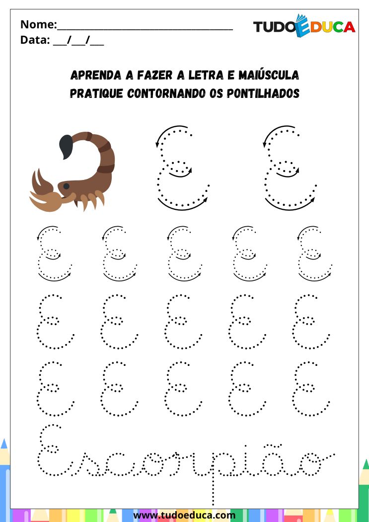 Atividade com a Letra E Cursiva para a Alfabetização pratique o E de escorpiao