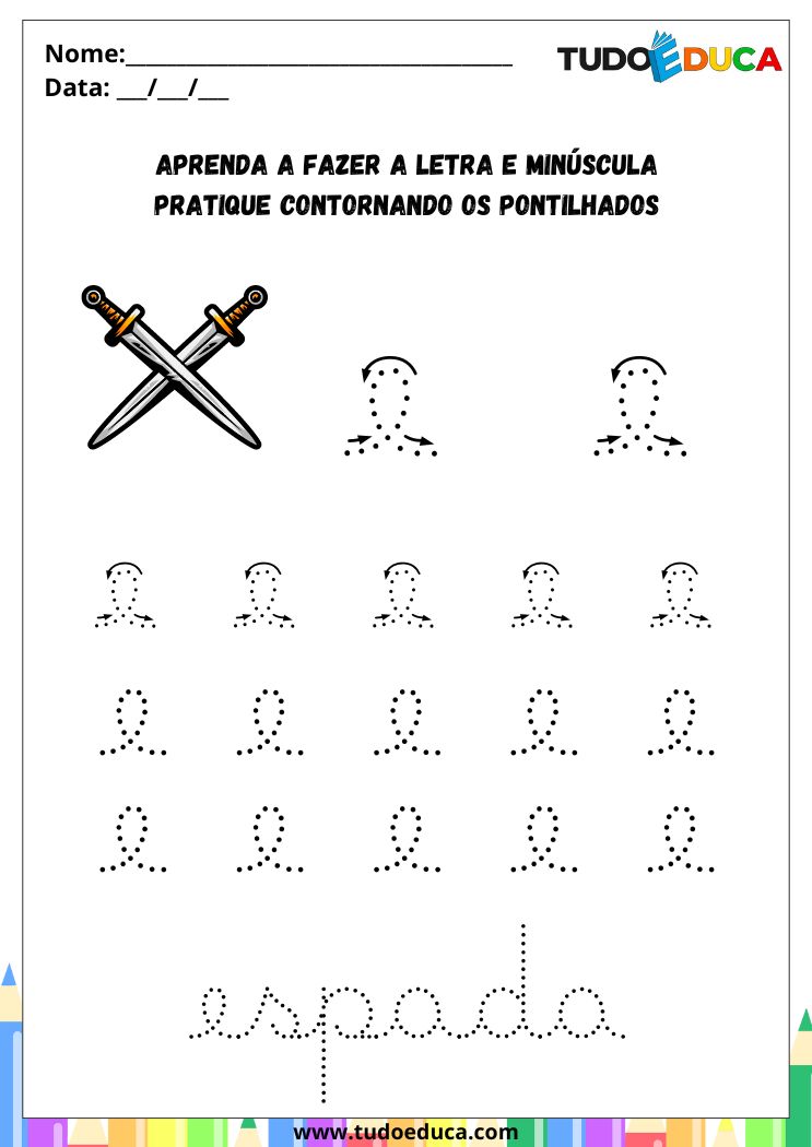 Atividade com a Letra E Cursiva para a Alfabetização pratique o E de espada