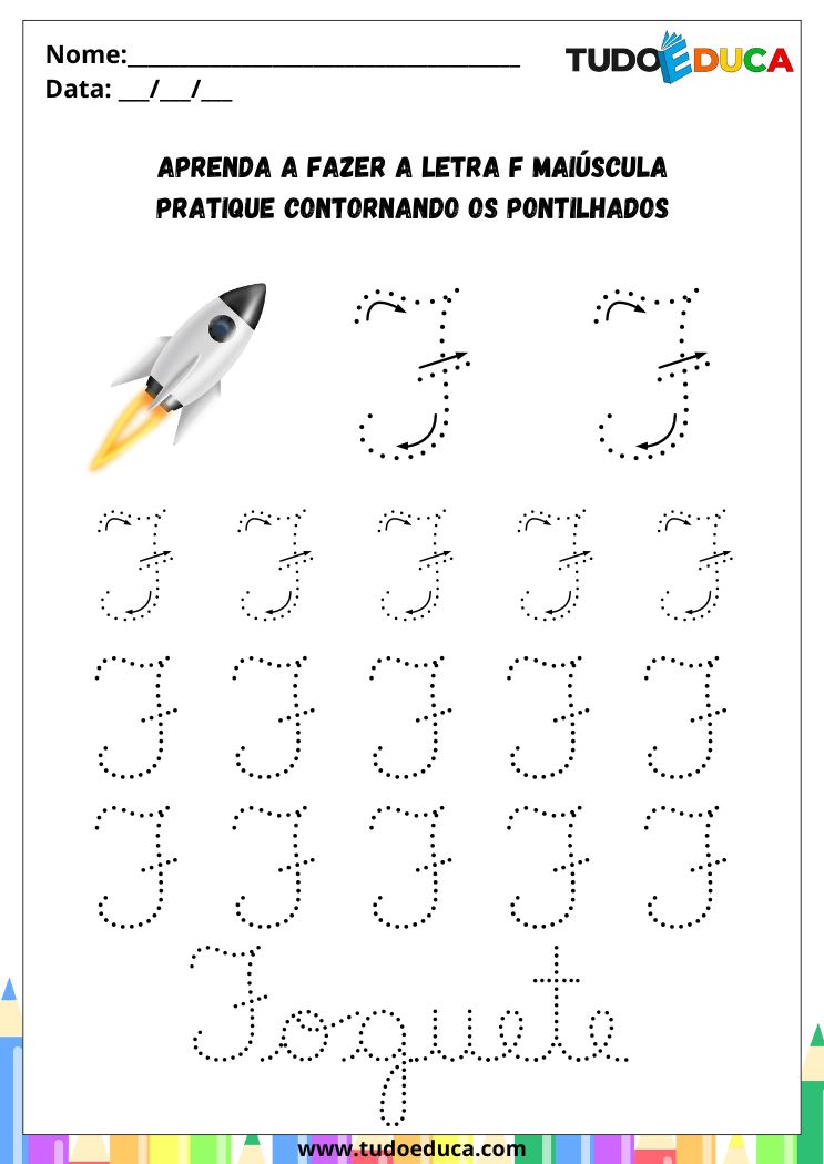 Atividade com a Letra F Cursiva para a Alfabetização pratique o F de foguete