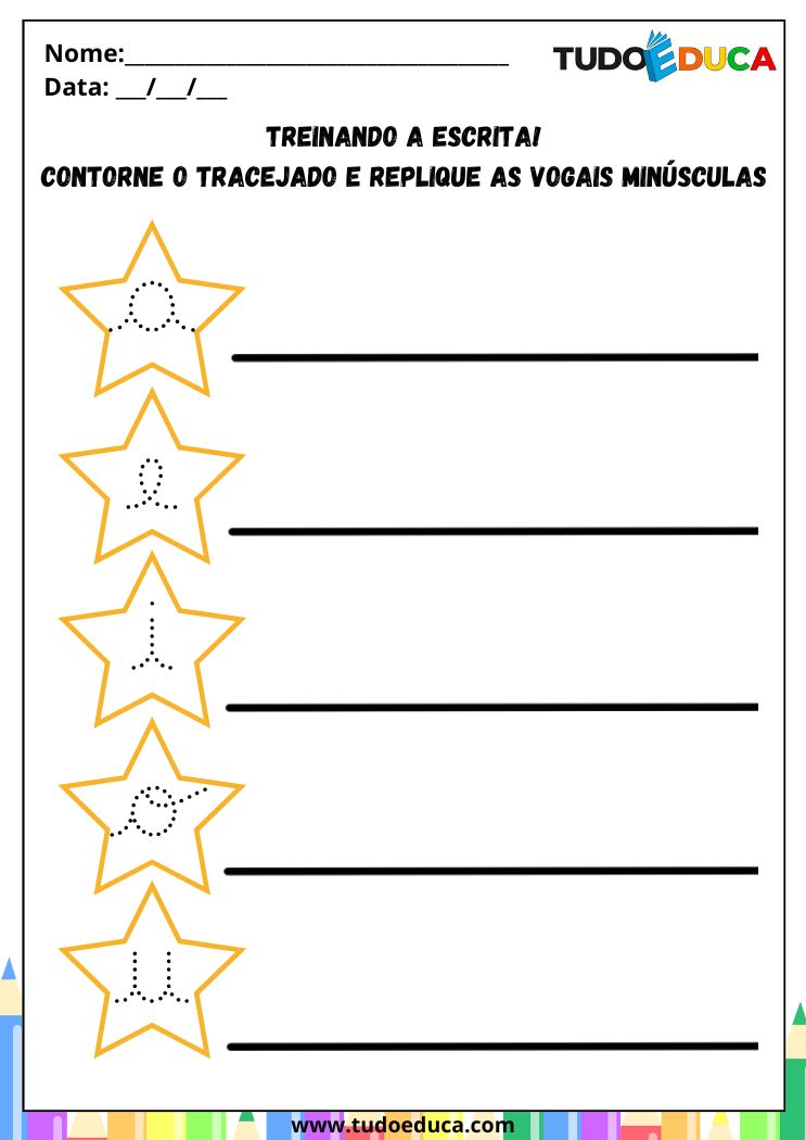 Atividade de Caligrafia com Vogais para a Alfabetização Infantil replique as vogais das estrelas