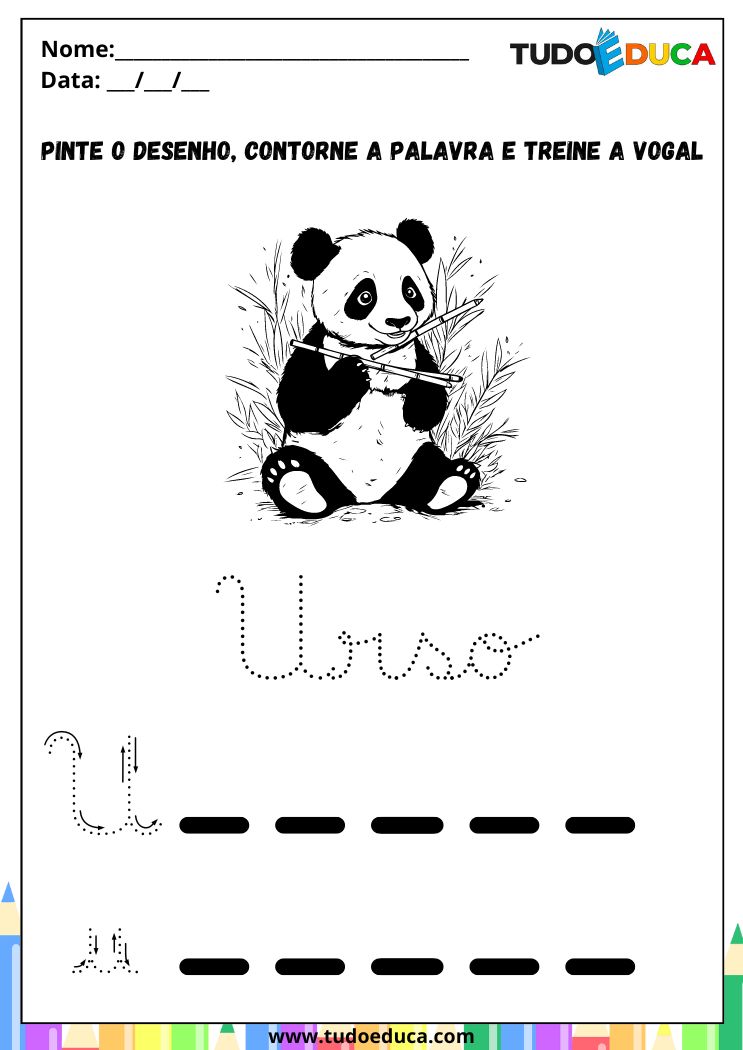 Atividades de Caligrafia com Vogais para a Alfabetização Infantil pinte o urso e contorne a palavra