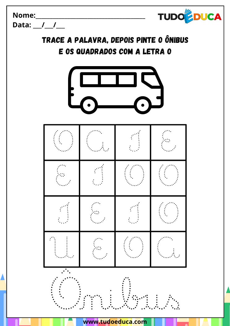 Atividades de Caligrafia com Vogais para a Alfabetização Infantil pinte os quadrados do onibus