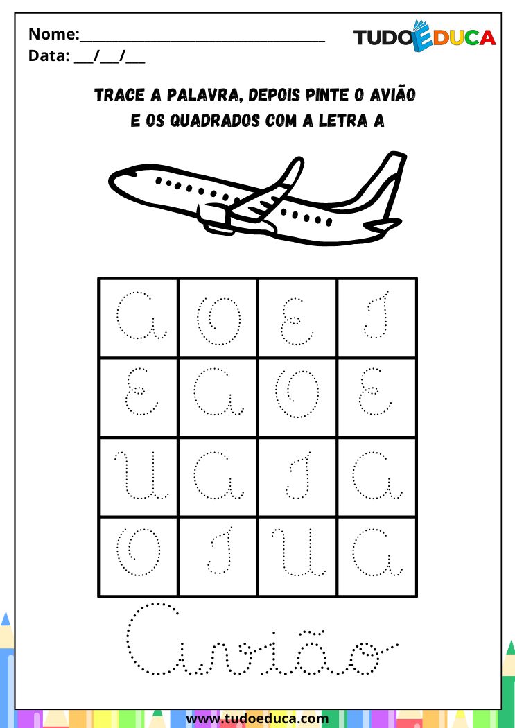 Atividades de Caligrafia com Vogais para a Alfabetização Infantil pinte os quadros do aviao