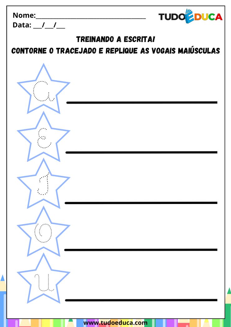 Atividades de Caligrafia com Vogais para a Alfabetização Infantil replique as vogais maiusculas