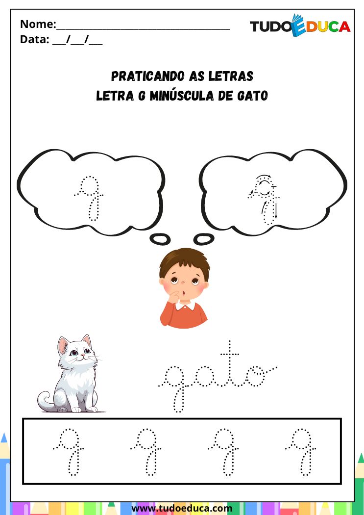 Atividade com a Letra G Cursiva para a Alfabetização praticando a letra G de gato