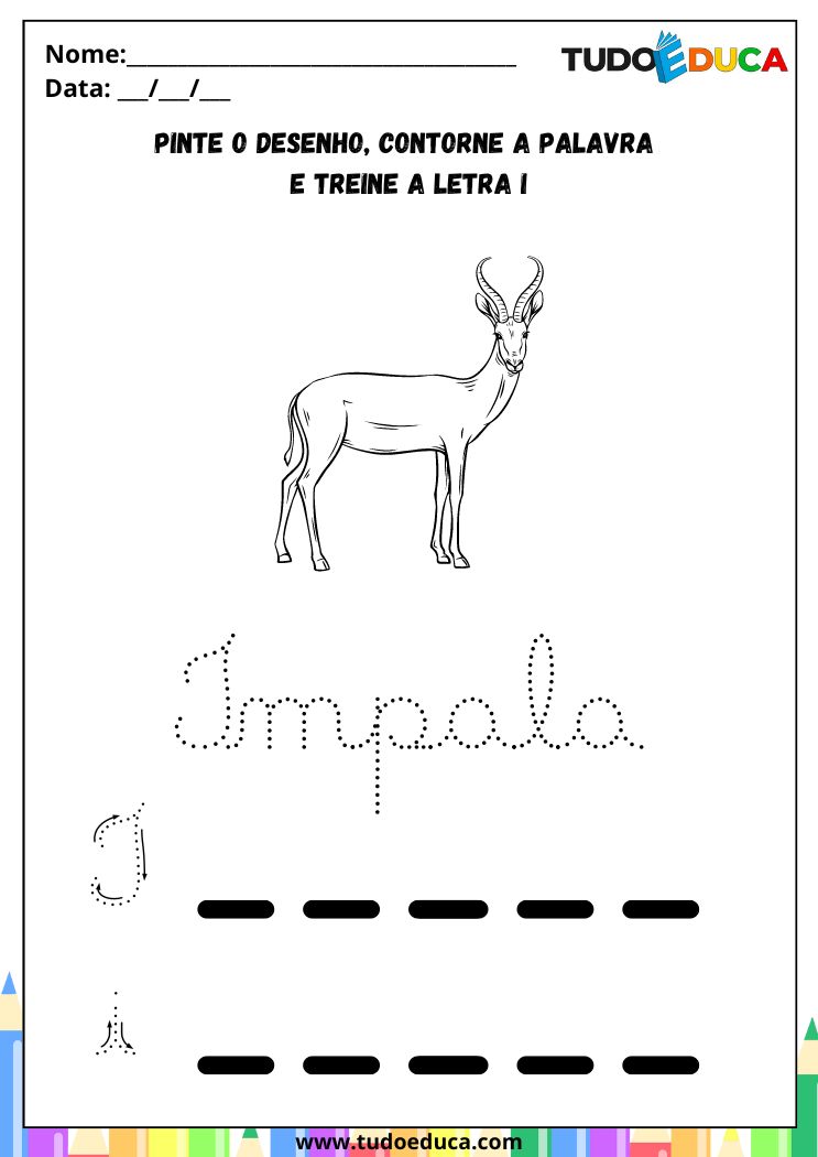 Atividade com a Letra I Cursiva para a Alfabetização contorne o I de impala