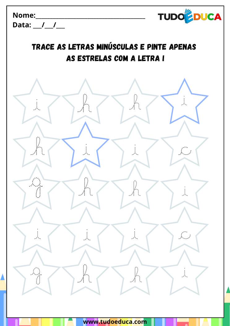 Atividade com a Letra I Cursiva para a Alfabetização pinte as estrelas com I