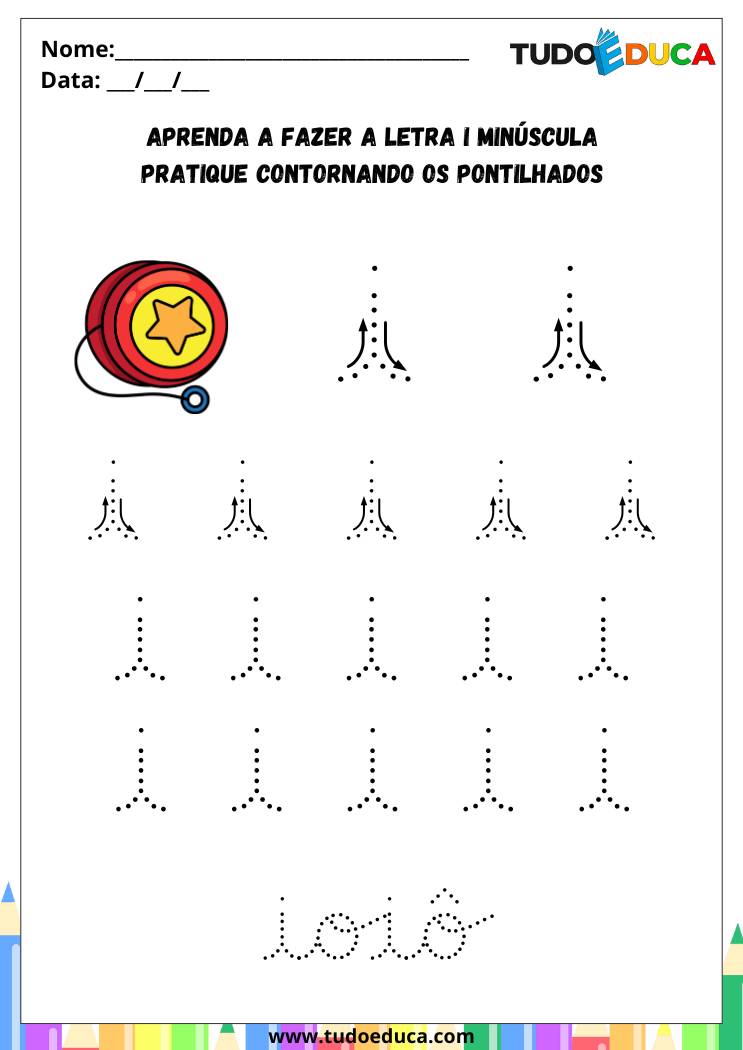 Atividade com a Letra I Cursiva para a Alfabetização pratique o I de ioio