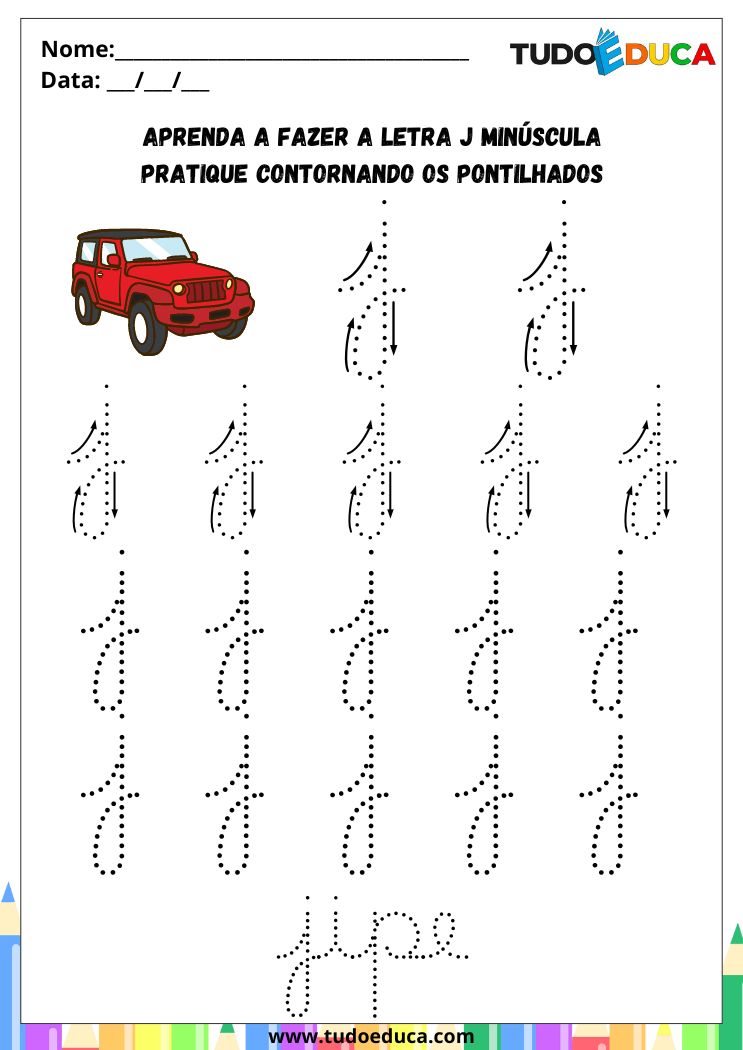 Atividade com a Letra J Cursiva para a Alfabetização pratique o J de jipe