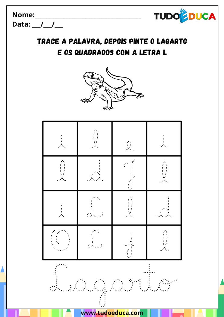 Atividade com a Letra L Cursiva para a Alfabetização pinte o lagarto e os quadrados com L