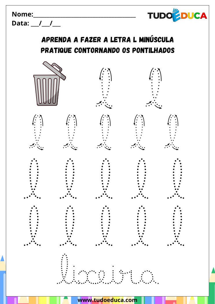 Atividade com a Letra L Cursiva para a Alfabetização pratique o L de lixeira