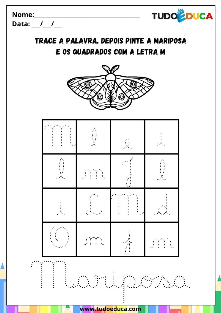 Atividade com a Letra M Cursiva para a Alfabetização pinte a mariposa e os quadrados com M