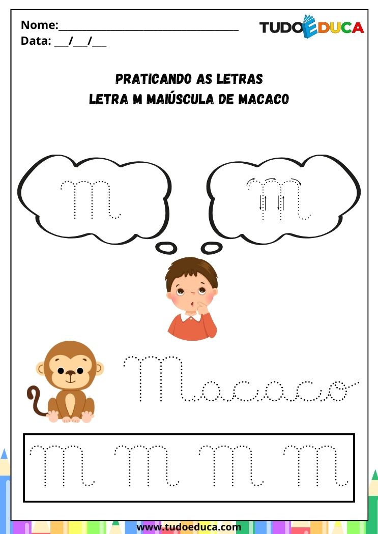 Atividade com a Letra M Cursiva para a Alfabetização praticando a letra M de macaco