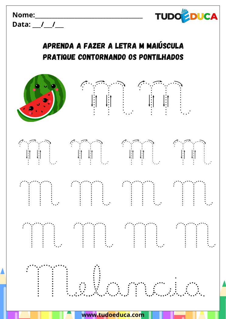 Atividade com a Letra M Cursiva para a Alfabetização pratique o M de melancia