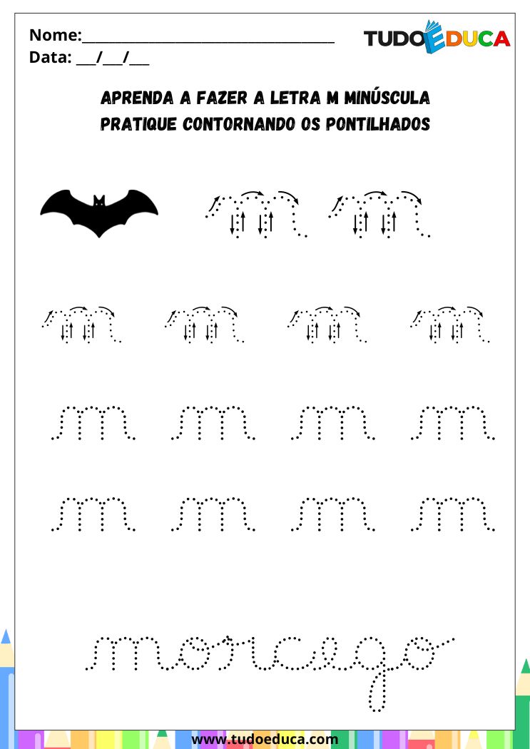 Atividade com a Letra M Cursiva para a Alfabetização pratique o M de morcego