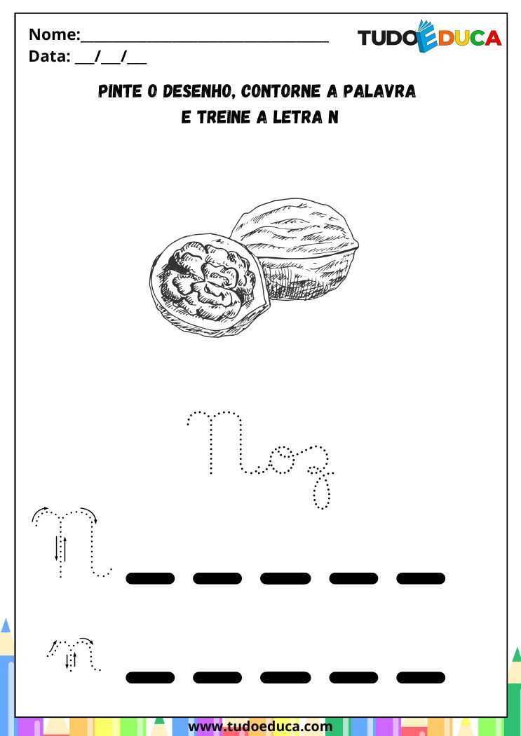 Atividade com a Letra N Cursiva para a Alfabetização contorne o N de noz