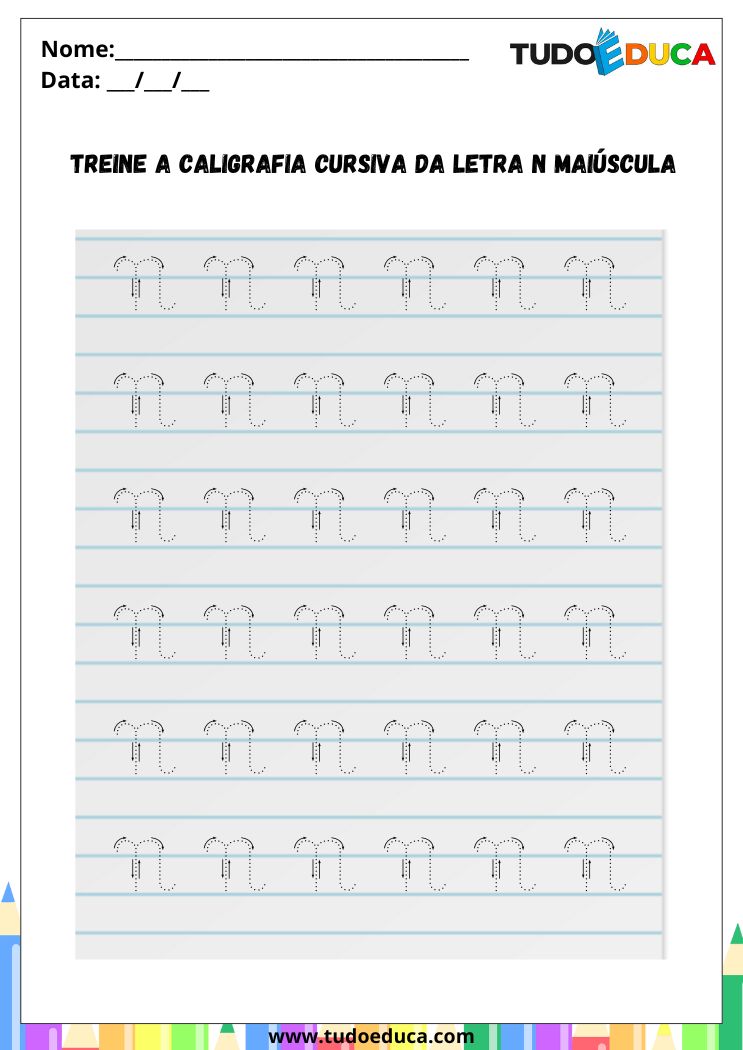 Atividade com a Letra N Cursiva para a Alfabetização pratique a letra N maiuscula