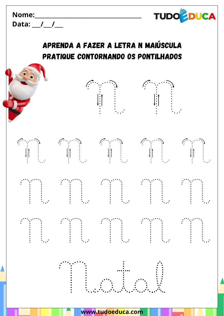 Atividade com a Letra N Cursiva para a Alfabetização pratique o N de natal