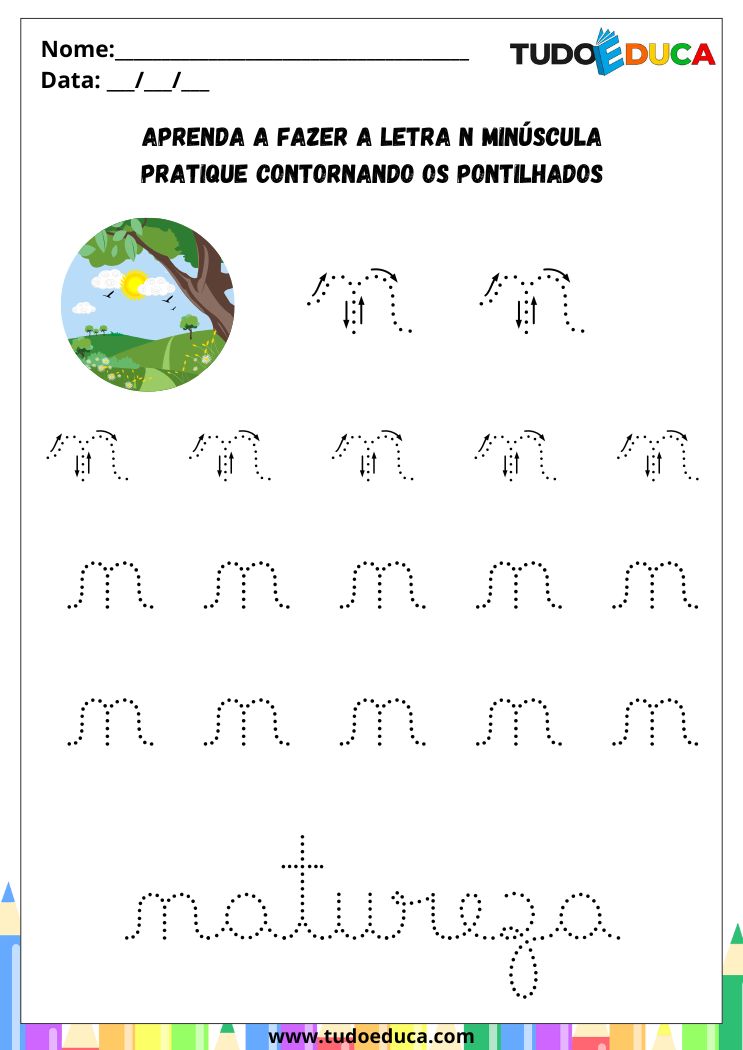 Atividade com a Letra N Cursiva para a Alfabetização pratique o N de natureza